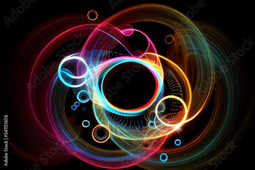 Magic transformation. Light multicolor circles and spinning shapes, on a black background generative ai