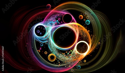 Magic transformation. Light multicolor circles and spinning shapes, on a black background generative ai