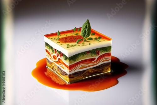 On a white dish, a substantial serving of wholesome, colorful vegetable lasagne with melted mozzarella and spaghetti is presented. Generative AI photo