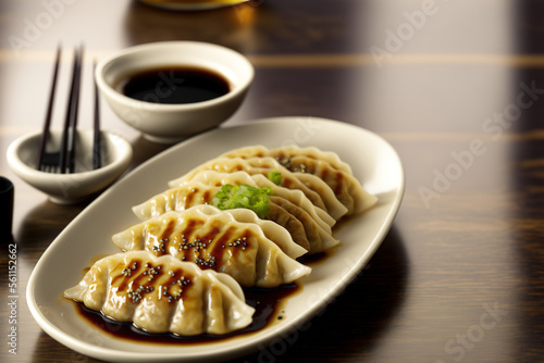 Asian jiaozis or gyozas are seen in close up on a white ceramic plate and a white ceramic spoon shaped dish with soy sauce on a dining table that is set for lunch or dinner. Generative AI photo