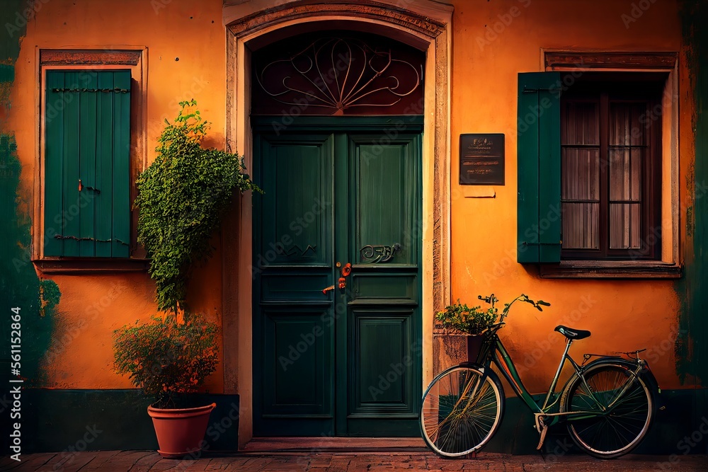 Vintage bicycle illustration against an old house facade with a green door and yellow paint 
generative ai