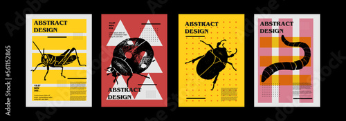 Grasshopper, grig, ladybird, worm, applegrub, cutworm, beetle, earthworm, ladybug. Set of vector posters with insects. Engraving illustrations and typography. Background images for cover, banner photo