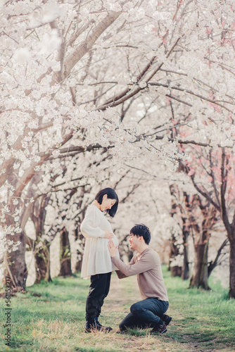 桜と赤ちゃんを待つ夫婦
