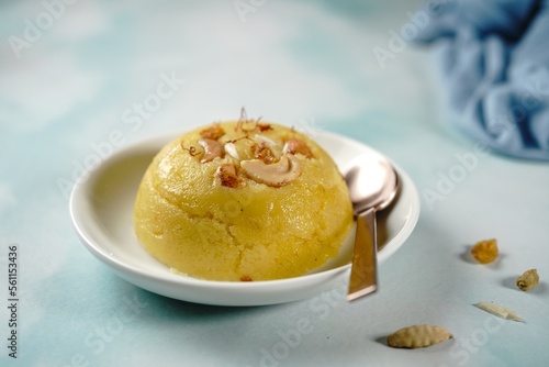 Homemade Rava kesari or sweet semolina pudding, selective focus photo