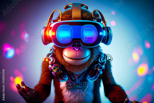 Valokuva 3d monkey character style nft collection with VR goggles immersed in backlit diffuse liquid