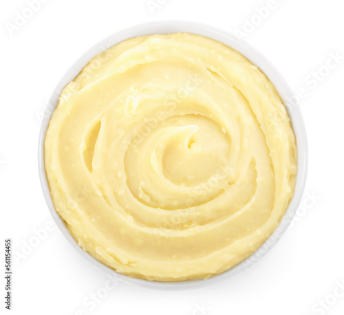 Bowl of tasty mashed potato isolated on white, top view