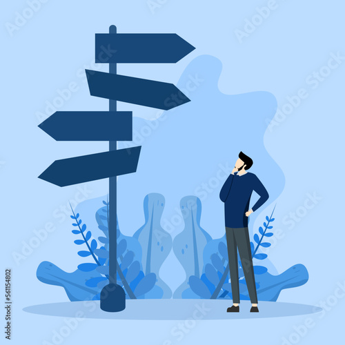 The concept of business decision making, career pathway, confusing entrepreneur seeing various road marks with question marks and thinking where to go, the concept of choosing the right way to succeed