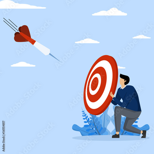 Businessman working, big target with arrows. Internal marketing, corporate goal promotion, businessman holding target concept. determining company targets, leadership, success, online education