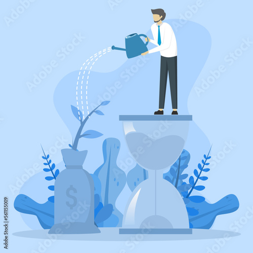 Saving and investment account concept, prosperity, smart businessman investor standing on sandy water growing from money bag, income growth from compound interest in long term investment concept.