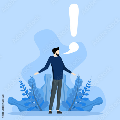 caution and alert call concept, Tell stories, speak loudly to attract attention and interest, businessman talk with speech bubbles as exclamation mark, important information or secret facts.