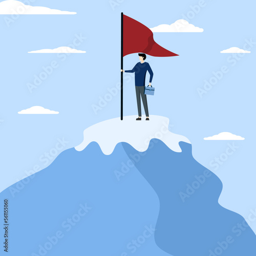 company best performance worker winning concept, Leadership to achieve business goals, career achievement, ambitious entrepreneur leader holding winner flag proudly on mountain top.