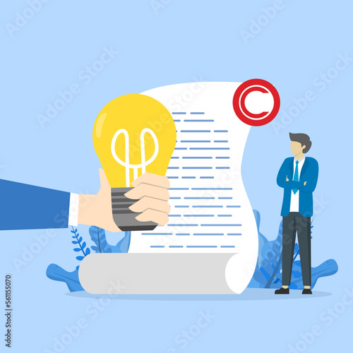 Man with light bulb and legal certificate for intellectual property concept. Intellectual Property Protection Litigation. Patent Law Fighting Copyright. Cartoon Flat Vector Illustration