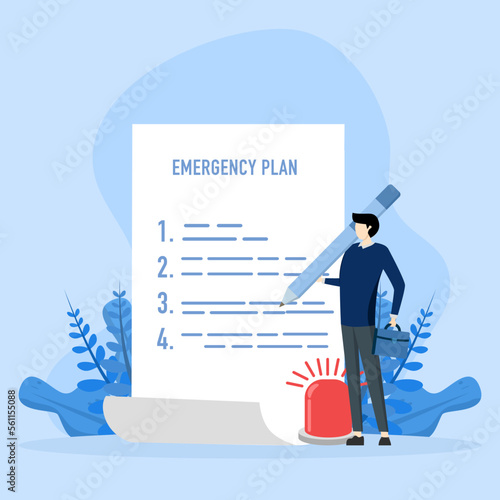 Business emergency plan concept, checklist to do in disaster, continue business and build resilience concept, smart businessman leader holding pencil with emergency plan paper flashing siren. photo
