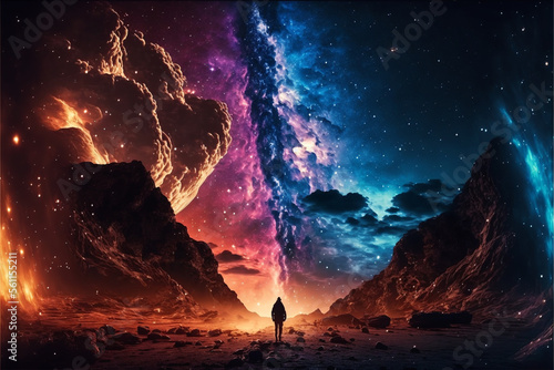 Futuristic Astronaut standing on rock in a Cosmos Nebula. Highly detailed 8k Digital Illustration of space art. Generative AI art of a space explorer in a starry galactic night. Space travel concept