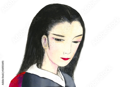 watercolor painting portrait traditional woman asian black dress. png hand drawn