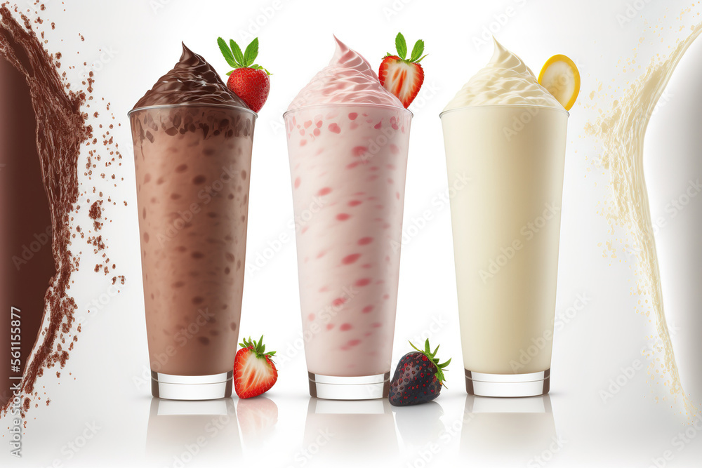 Chocolate, strawberry, and vanilla milkshakes are shown in three cups ...