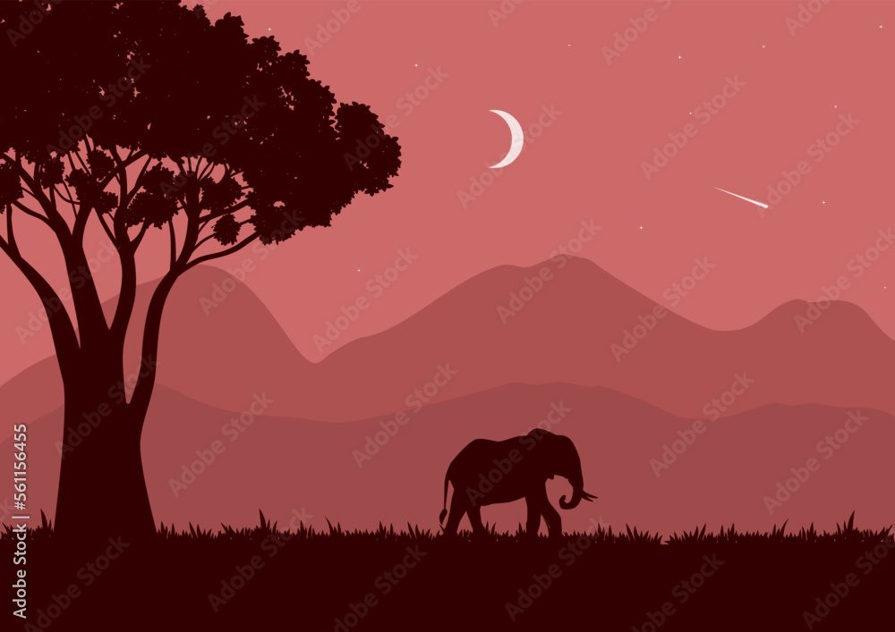 Obraz premium wildlife landscape vector illustration with a red silhouette