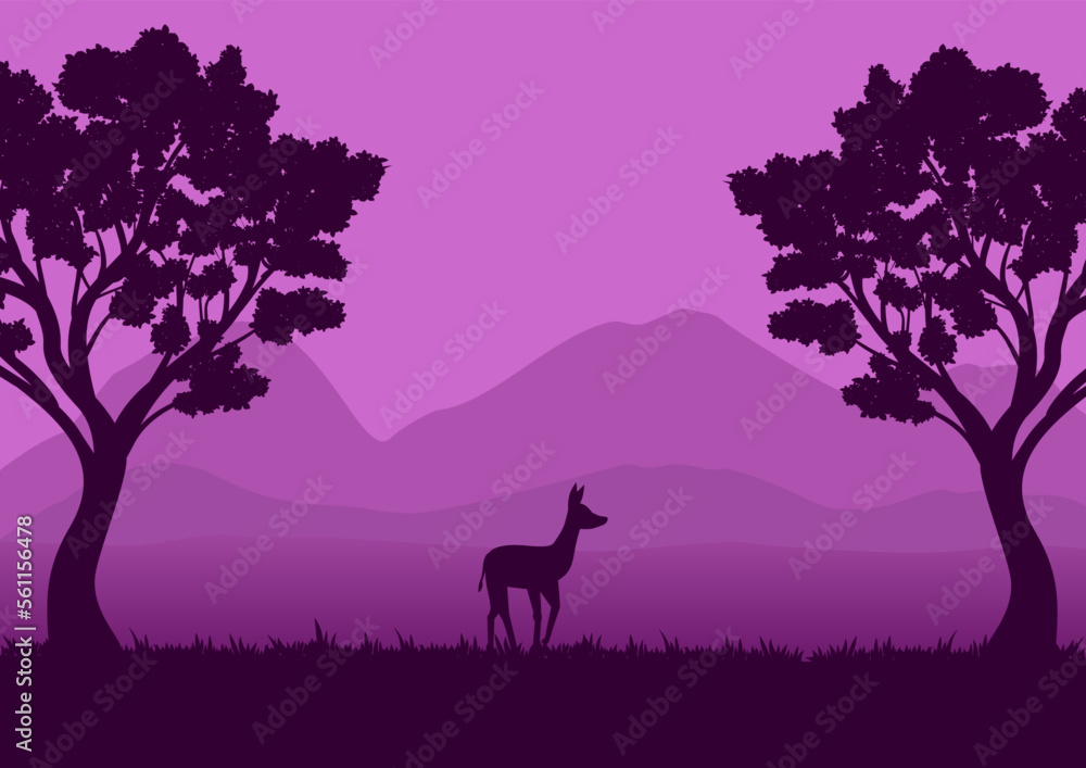 wildlife landscape vector illustration with a purple silhouette