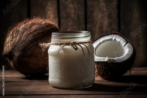 Fresh coconut oil in an open glass jar with a hardwood background. Generative AI