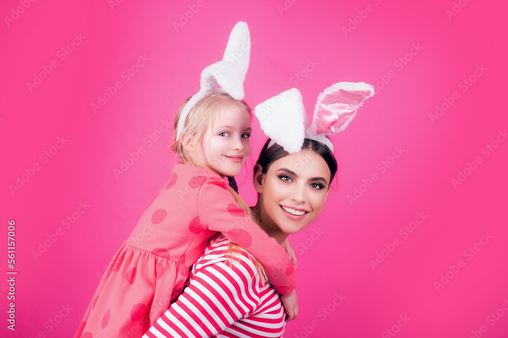 Happy easter sister family. Girls halloween bunny ears. Kids celebrate easter. Traditional egg hunt.