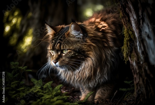 A photo of Chewie the cat hunting or stalking its prey  showcasing the feline s natural instincts and survival skills in the wild  AI  