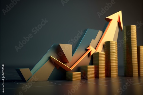 A 3D rendering illustration of a graph showing a steady upward trend with a stack of money and an increasing arrow, representing business profit growth and financial success (AI)