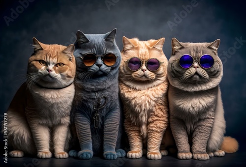 A photo of a group of cats wearing sunglasses, posing together as if they are part of a funny cat band or crew (AI)