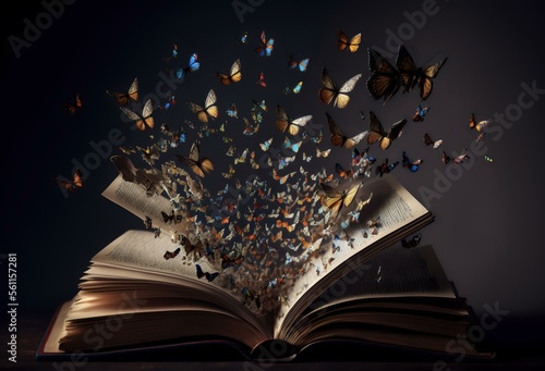 A photo of an open book with a flock of butterflies flying out of it, representing the idea of freedom and liberation through literature and imagination (AI) © Natthakit