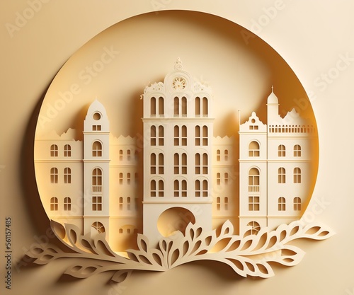golden  3D paper cut-out of a fancy hotel on a cream background  AI Generated 