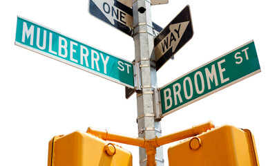 The street signs at the corner of Mulberry and Broome Streets in the Little Italy section of Lower Manhattan. Transparent background.