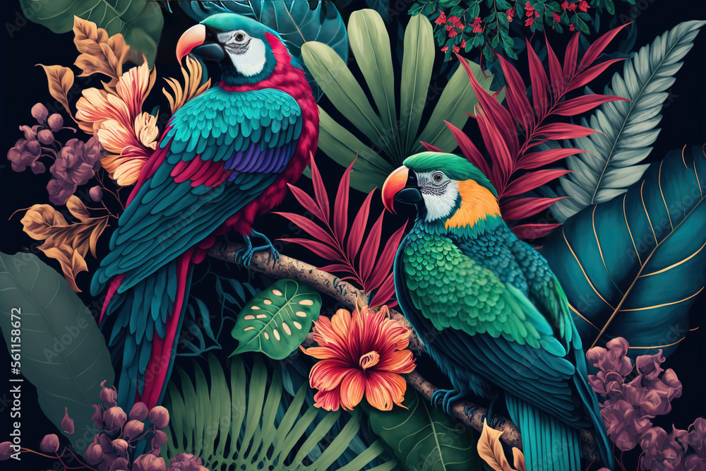 Fototapeta premium Two Colorful Parrots, Colorful Wallpaper. Tropical Forest, Multicolor Birds, Tropical Plants, and Flowers - Generated AI