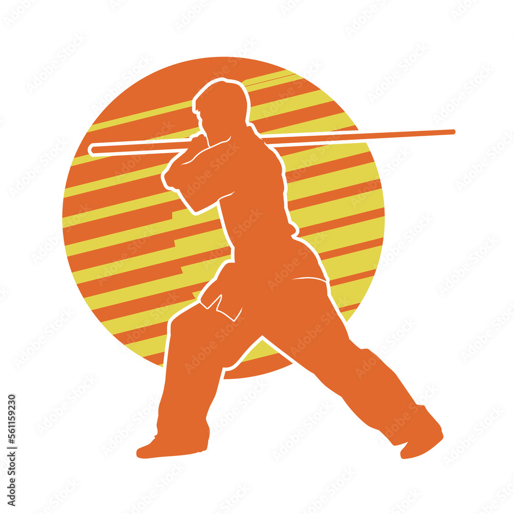 Vector silhouette of martial arts kung fu man standing and use long ...