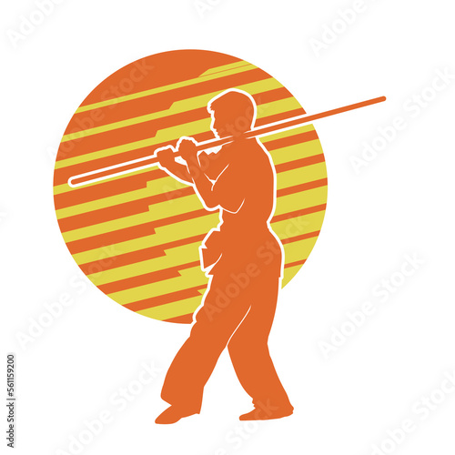 Vector silhouette of martial arts kung fu man standing and use long stick to perform. Shaolin master illustration on tripe lines background.