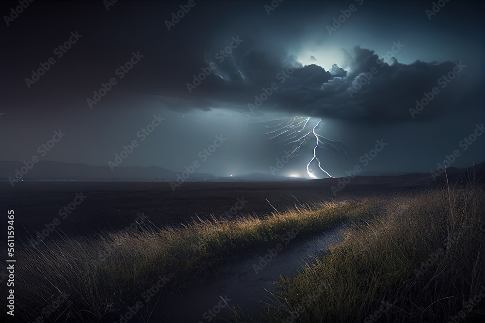 Fototapeta premium Lightning Strike in the distance rolling hills night scene long exposure