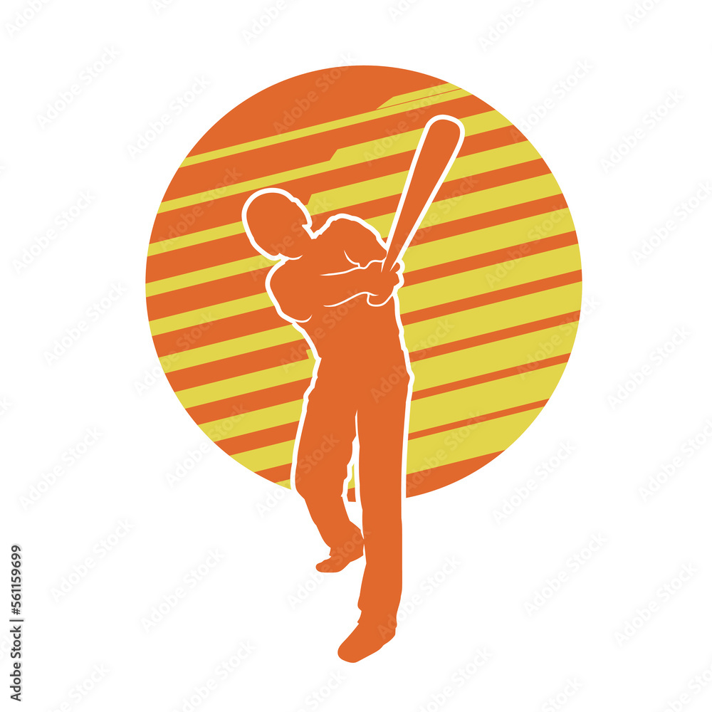 Silhouette of a baseball player holding a batter against a striped yellow background.