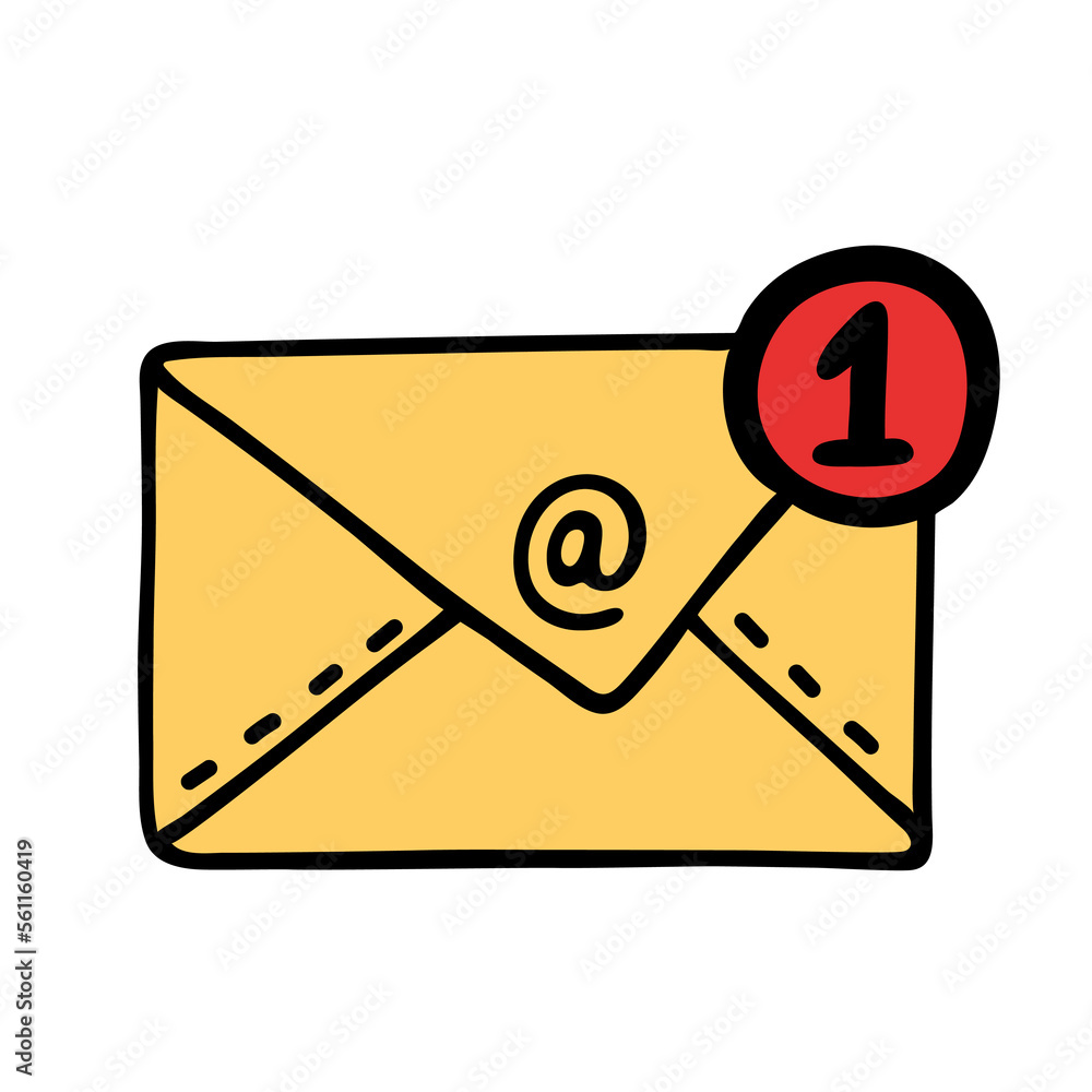 New notification. Simple vector icon. One incoming message. Hand drawn bright doodle isolated on white. Unread letter, envelope, email, sms sign. Flat cartoon clipart for apps, social networks, web New notification. Simple vector icon. One incoming message. Hand drawn bright doodle isolated on white. Unread letter, envelope, email, sms sign. Flat cartoon clipart for apps, social networks, web