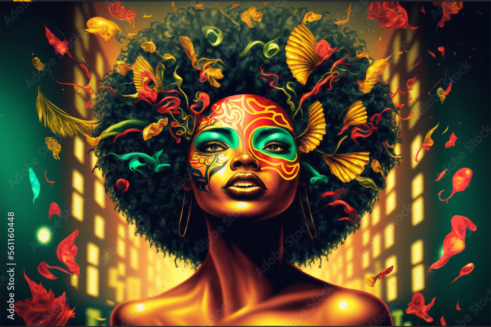 black brazilian woman carnival 2023 dancing,yellow and green abstract, Generative Ai