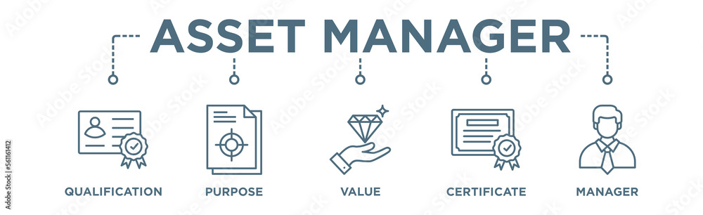 Asset manager banner web icon vector illustration concept with icon of qualification, purpose, value, certification and manager Asset manager banner web icon vector illustration concept with icon of qualification, purpose, value, certification and manager