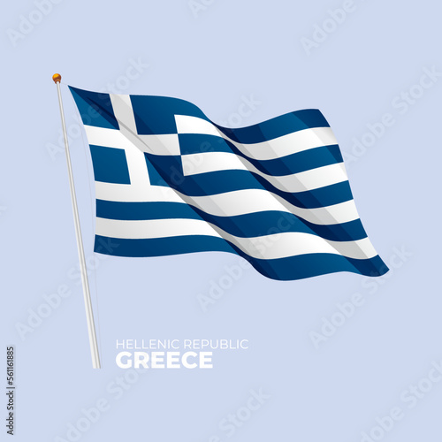 Greece national flag waving at the flagpole. Vector 3D