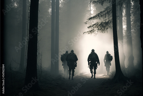 Silhouette of soldiers in Foggy forest © mech