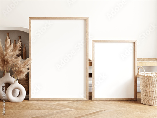 Frame and poster mockup in boho style interior. 3d rendering, 3d illustration