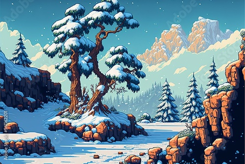 Landscape with forest with snow and rocks. AI digital illustration