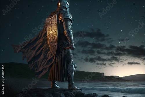 Celtic knight in armor, battlefield in background.. Generative AI photo