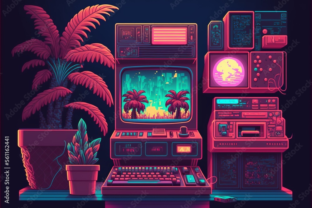 Old video game console with landscape in the background, 16 bit pixel art. Digital illustration. AI Old video game console with landscape in the background, 16 bit pixel art. Digital illustration. AI