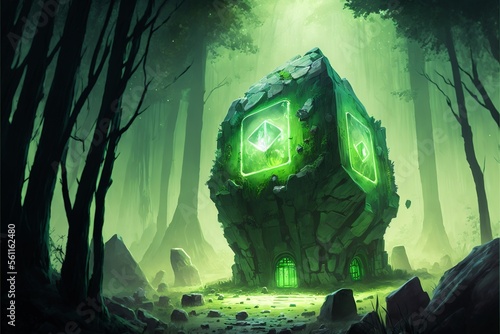 Green crystal temple in the middle in the forest, green fog. Generative AI