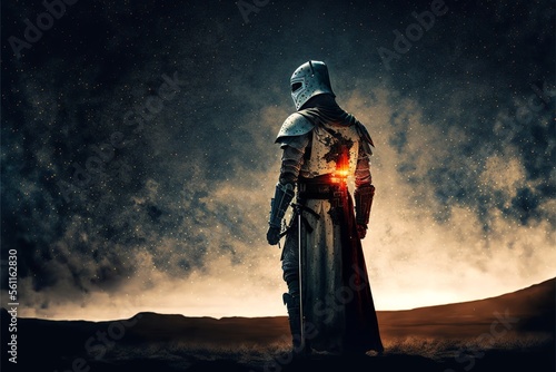 Knight Templar from the back with desert in the background. Generative AI photo
