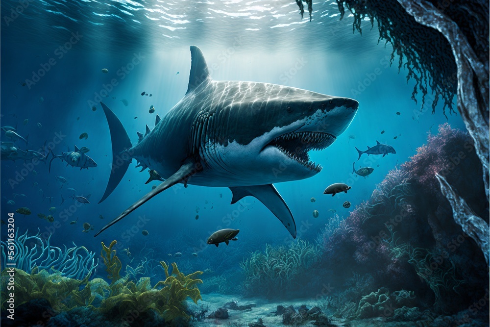 Megalodon shark under the ocean, corals and fish, marine life. Digital illustration. AI