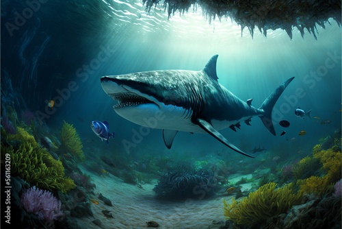 Megalodon shark under the ocean, corals and fish, marine life. Digital illustration. AI