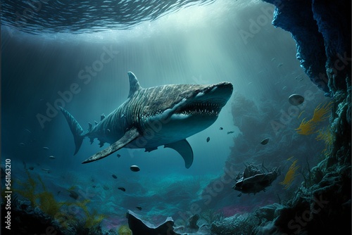 Megalodon shark under the ocean, corals and fish, marine life. Digital illustration. AI © Deivison
