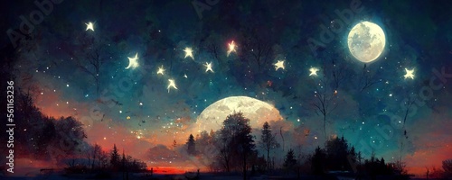 Landscape with moon and stars in the sky with clouds  oil painting style. Digital illustration. AI